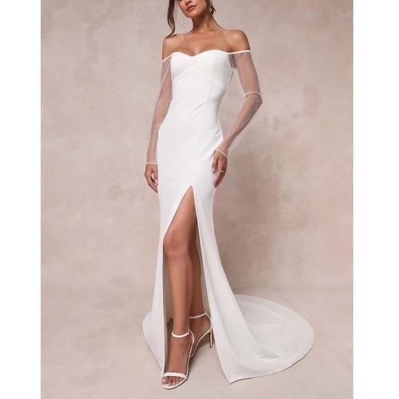 Lulus Dresses & Skirts - Lulus Eternally Beloved Maxi Dress Womens XL White Mesh Off-the-Shoulder Pearl